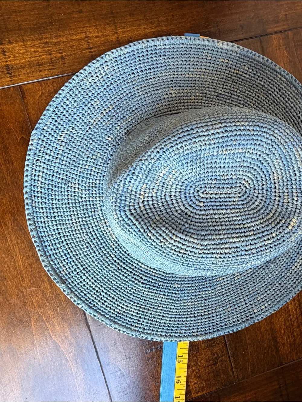 Helen Kaminski Stonewashed Blue 100% Raffia Crochet Fedora Sun Hat Wide Brim OS